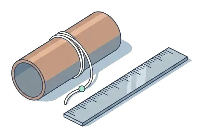 A piece of string wrapped around a copper pipe next to a metal ruler